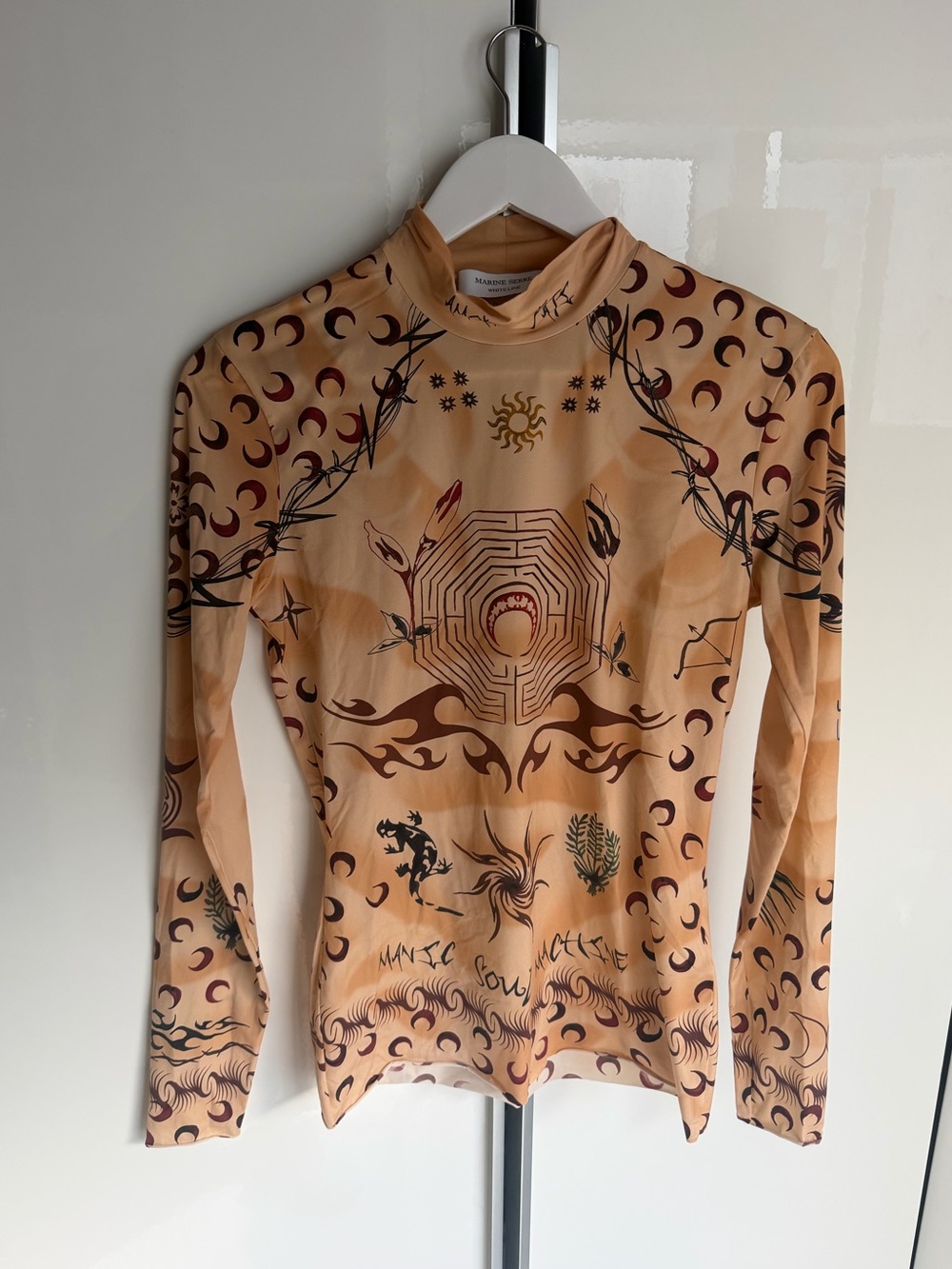 Marine Serre Beige Crescent-Print Stretch Long-Sleeve Top